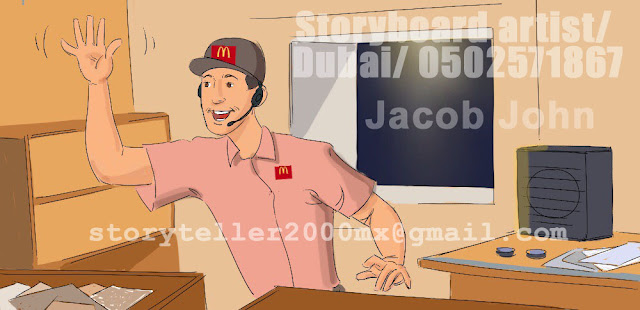 this storyboard panel shows the service guy tells the kitchen to prepare 5 grilled chicken burgers