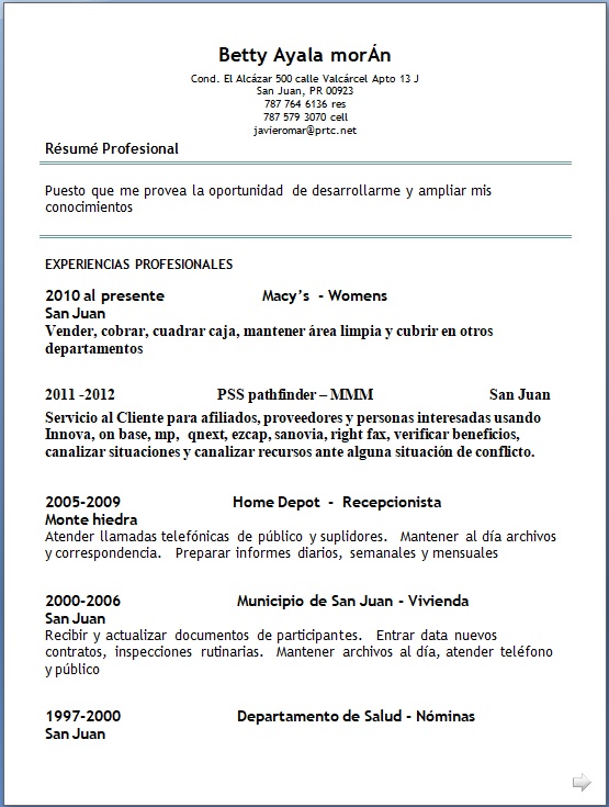 example resume in spanish