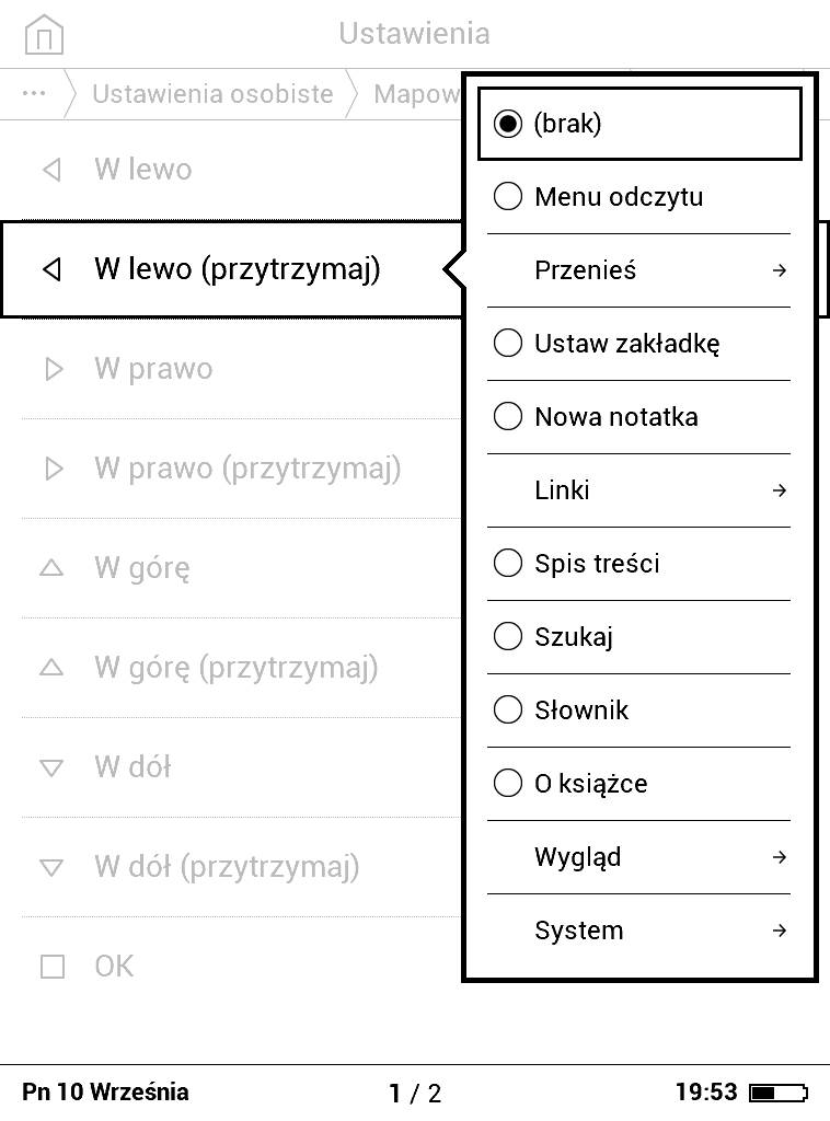 Mapowanie klawiszy PocketBook Basic Lux 2 – dostępne ustawienia w trybie EPUB, FB2 i inne