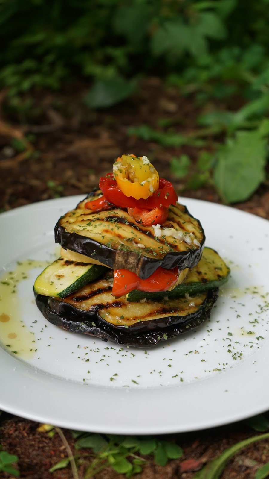 Grilled eggplant, zucchini, portobello and tofu with lemongarlic dressing