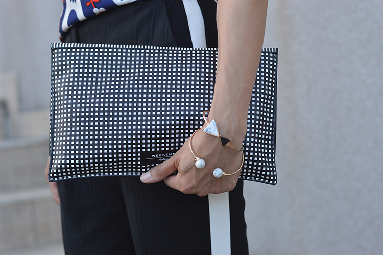 Skinny Buddha Black pants with white stripe piping Max Mara bag Skinny Buddha Black pants with white stripe piping Max Mara bag