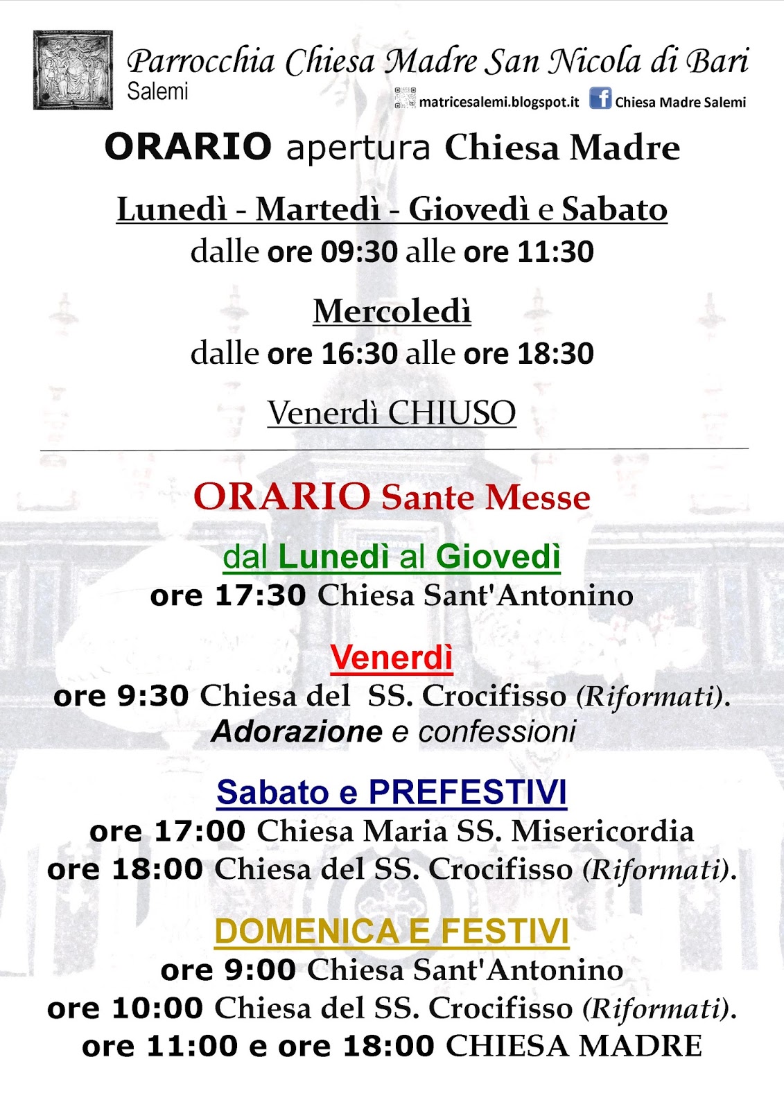 CHIESA MADRE DI SALEMI Orario apertura Chiesa Madre e Orario Sante Messe