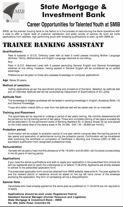 Trainee Banking Assistant Vacancies At The State Mortgage Investment Bank trainee-banking-assistant-vacancies-at-the-state-mortgage-investment-bank