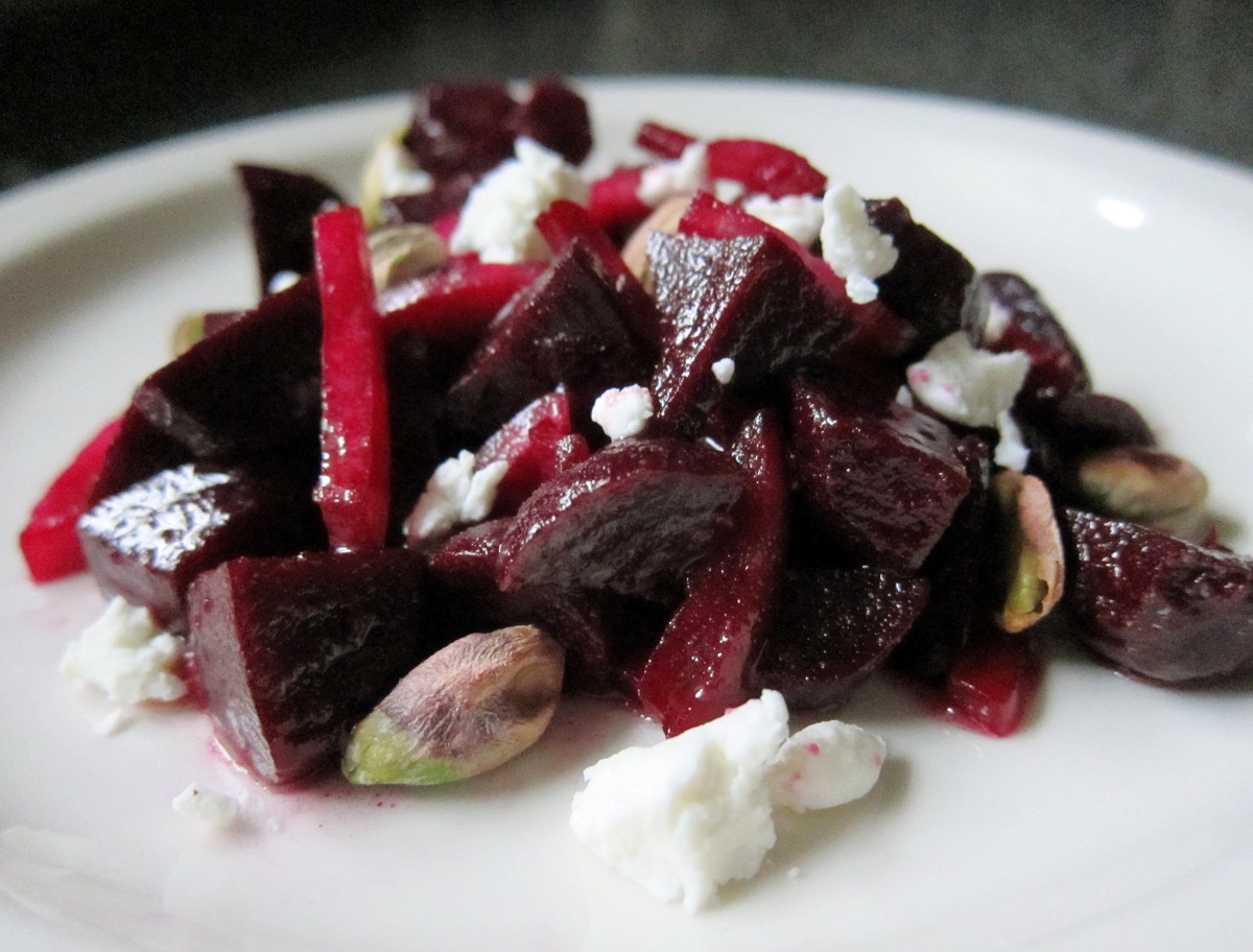 last call for corn marinated beet salad with goat cheese and pistachios