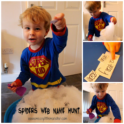 Spider web name recognition activity.  A fun spider and halloween themed name activity for toddlers and preschoolers. 