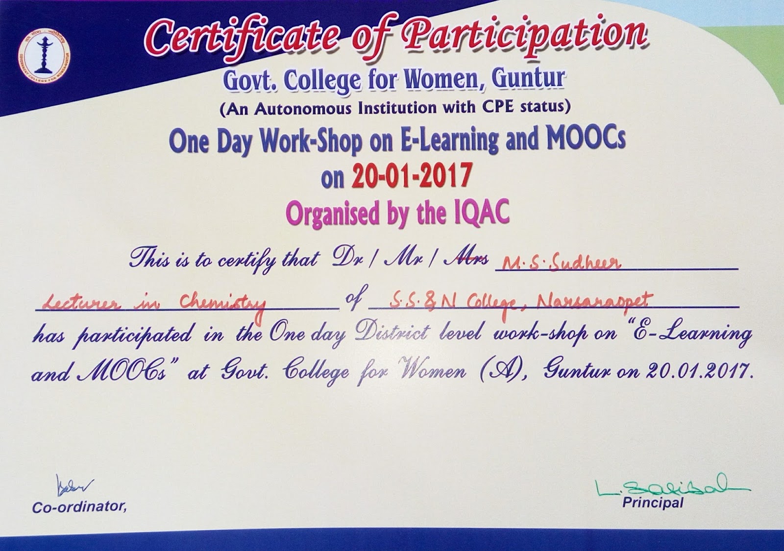 certificate for workshop participation