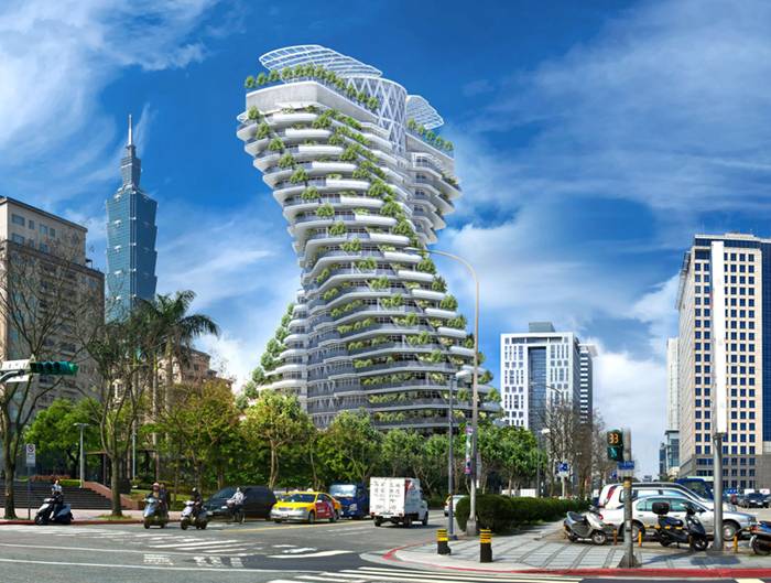 On the last and biggest parcel of land available for residential use in taipei city, vincent callebaut 's twisting, foliage-filled 'agora tower' will preside over the rest of the urban xinyin district. the architect, known for his distinct eco-vision, has designed a high-density space that aims at limiting the ecologic footprint of its inhabitants by forging a symbiotic relationship between the urban dweller and nature. tall planted balconies of suspended orchards, organic vegetable gardens and and medicinal greenery will take root in the high-performance building. in true cradle-to-cradle fashion, even the construction process transforms itself; industrial waste will be returned as a 'technical nutrient' to be indefinitely recycled. the helicoidal towers appropriate their form from the structure of DNA, conceptually speaking to the building blocks of life, as well as dynamism and twinning. four types of housing units form a full level allowing their twisting forms to optimize space for open-air hanging gardens. the angled apartments additionally offer exceptional views of the bustling city by multiplying the transversal views of the overall east-west rhomboidal pyramid. corbelled floors provide structure and privacy.