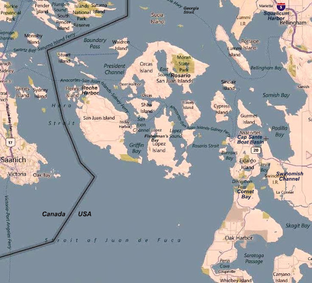 Map showing Victoria Canada, San Juan Islands, Roche Harbor, Friday Harbor, Squalicum Harbor, Anacortes