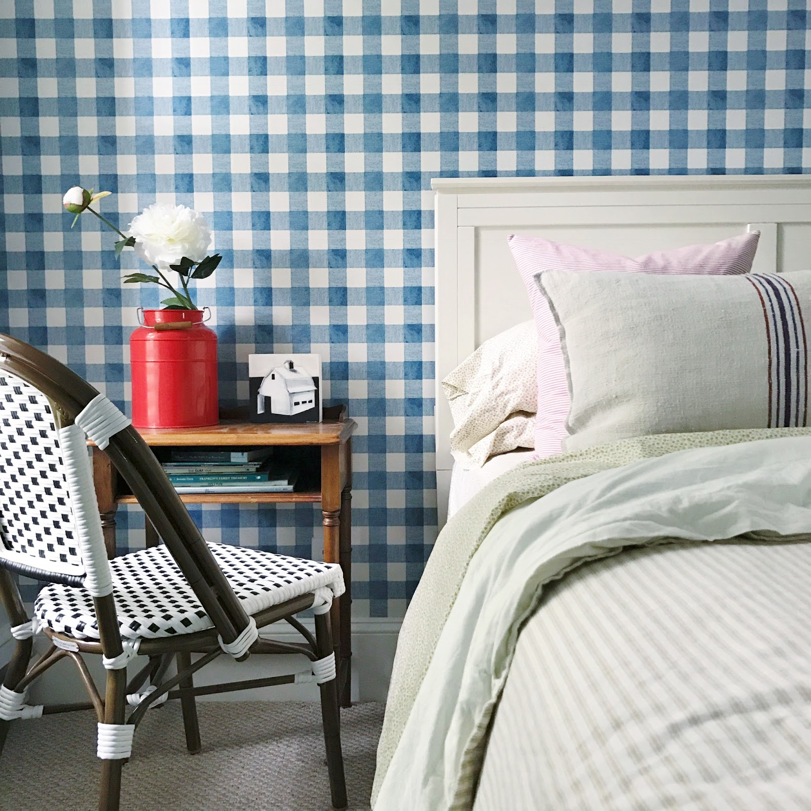 modern country cottage bedroom with gingham wallpaper