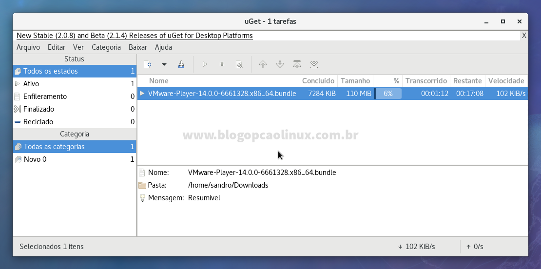 uGet Download Manager executando no Fedora 27 Workstation