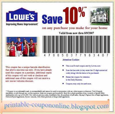 Like Lowe's coupons? Try these... Description ONE (1X) Lowes 10% OFF Printable Coupons In-Store & Online Use Exp 12/31/ Fast Instant Delivery 24/7 Delivered to your PayPal Email Address. This code will save you up to $ off at alinapant.ml ONLINE or In store. You want a fridge for $ you get $ off.
