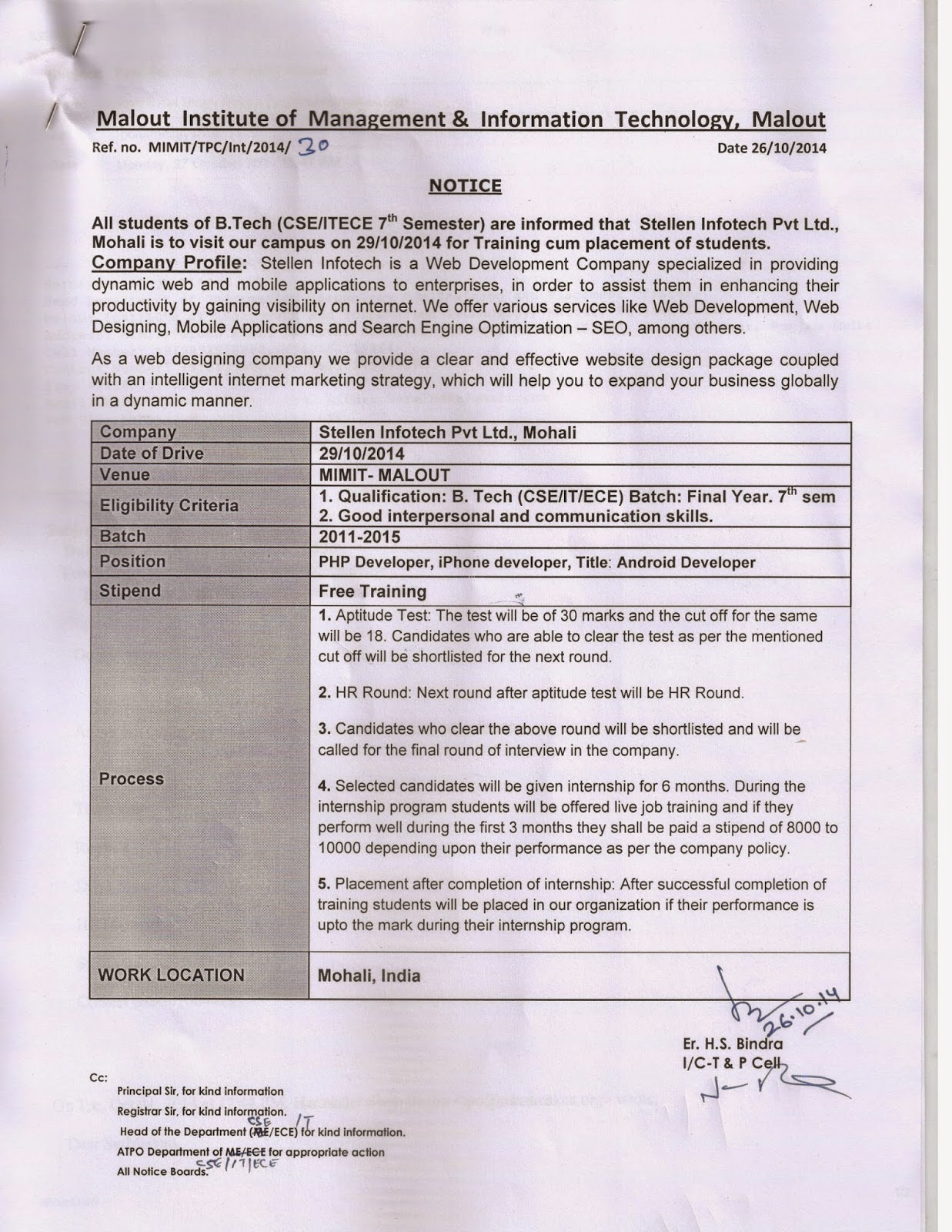 NOTICE All students of B.Tech (CSE/ITECE 7th Semester) are informed