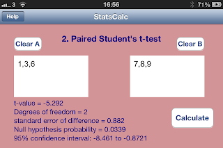 iOS App SciStatCalc screenshot Paired student's t-test, t-value, degrees of freedom, standard error of difference