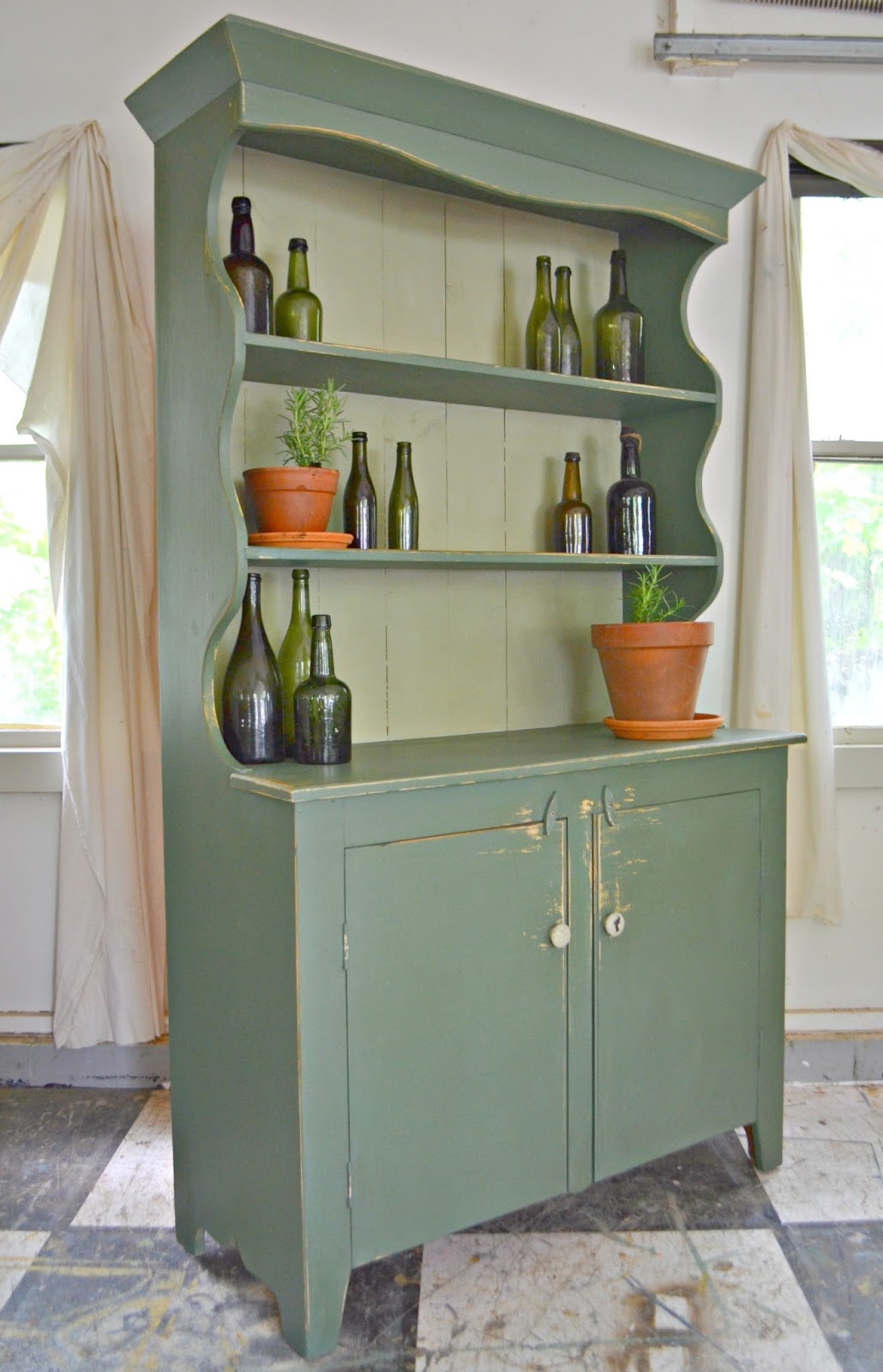 Heir and Space A Vintage Pine Hutch in Moss Green