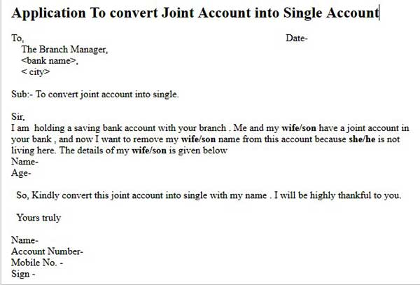 application letter for removing name from joint bank account