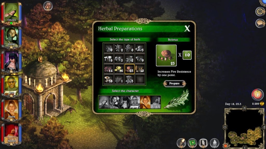 Herbalism window in Lords of Xulima where plants are used for permanent stat increases