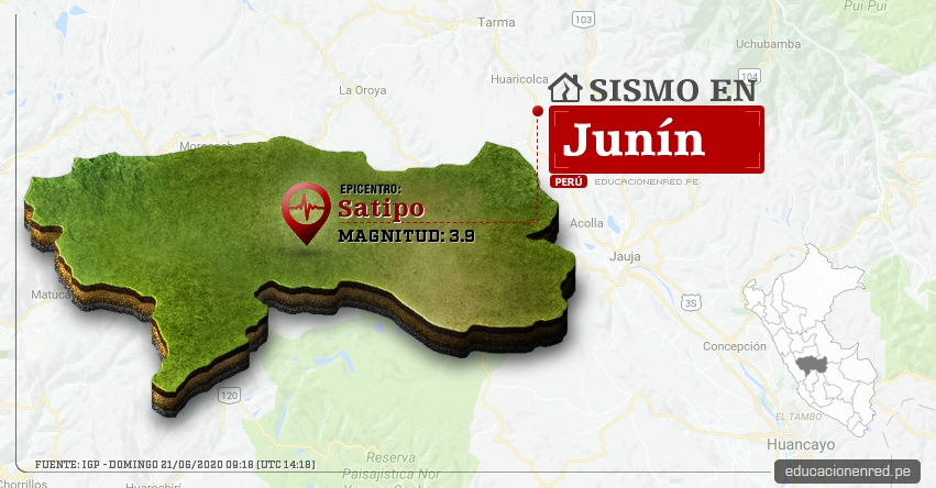Temblor en Junín de Magnitud 3.9 (Hoy Domingo 21 Junio 2020) Sismo - Epicentro - Satipo - Satipo - IGP - www.igp.gob.pe Temblor en Junín de Magnitud 3.9 (Hoy Domingo 21 Junio 2020) Sismo - Epicentro - Satipo - Satipo - IGP - www.igp.gob.pe