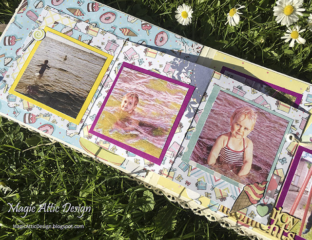 Colourful scrapbook album for children by Maria Lillepruun with Fabrika Decoru design paper "Bunny Birthday Party"