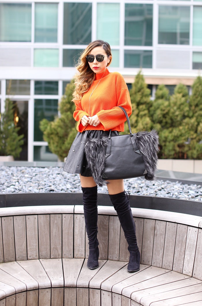 Topshop Funnel Neck Ribbed Crop Top, steve madden gorgeous over the knee boots, kendra scott earrings, botkier cocorocha paris tote, karen walker harvest sunglasses, spring outfit ideas, nyc street style, faux fur leather skirt