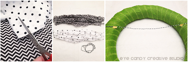 chevron, polka dots, fabric strips for mini bunting, green burlap wreath
