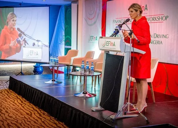 Queen Maxima wore a red Natan dress which she had worn before. Queen attended a event in Abuja, Nigeria