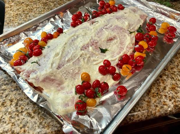Super Easy Roasted Lemon Dill Salmon with Basil Tomatoes