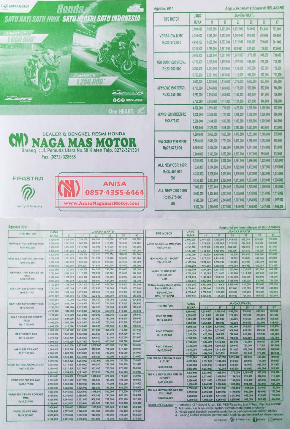 Brosur Kredit Honda Nagamas Motor Agustus 2017 Dealer Motor Honda Klaten