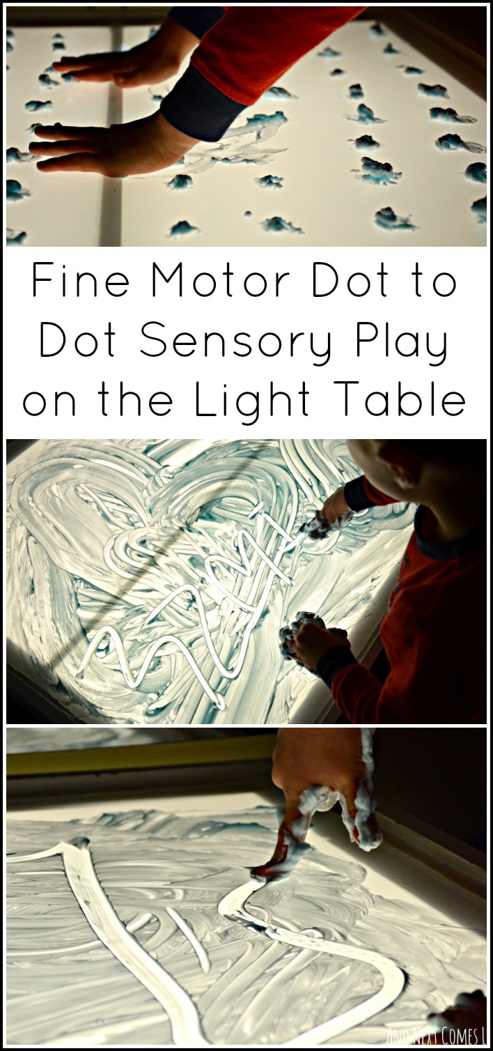 Fine motor dot to dot sensory play on the light table inspired by an activity from the book 99 Fine Motor Ideas for Ages 1 to 5 from And Next Comes L