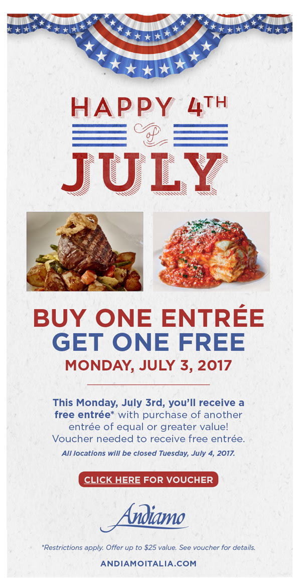 FREE IS MY LIFE COUPON FREE Entree at Andiamo with purchase of