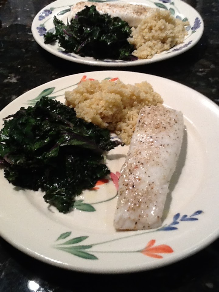 Sue's Kitchen Digest Alaskan Halibut with Sauteed Red Kale and Quinoa