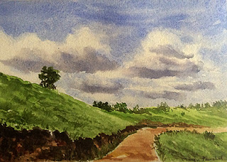 Water colour painting of a landscape from Mandalpatti near Coorg. By Manju Panchal