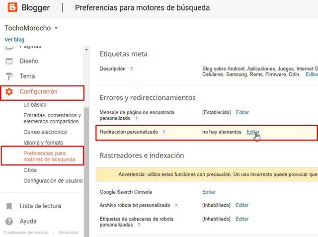 hacer redirección 301 en blogger