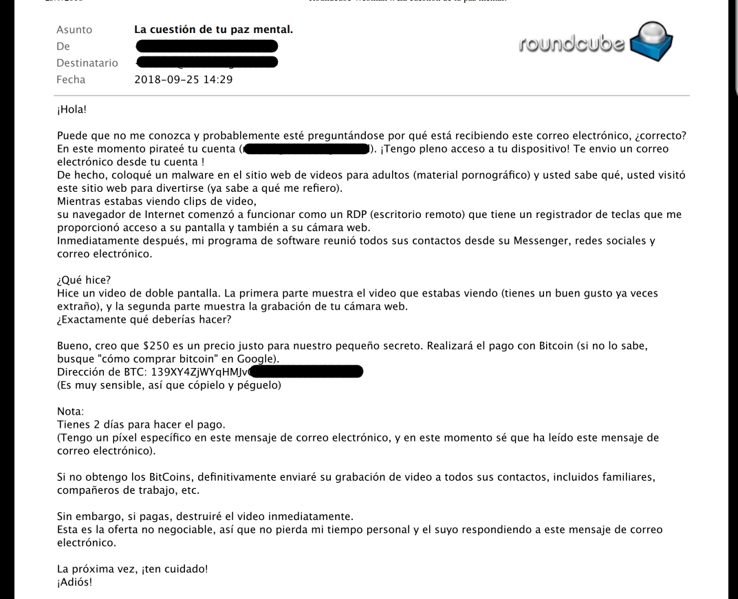 Chantaje de correo electrónico de bitcoin