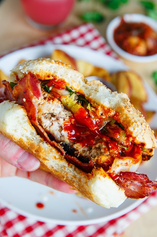 Korean BBQ Chicken Burgers with Grilled Pineapple and Gochujang BBQ