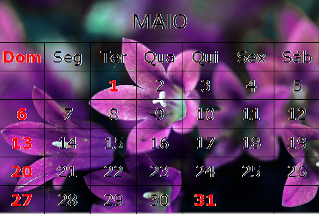 Calendário/Agenda  mês de Maio/2018 