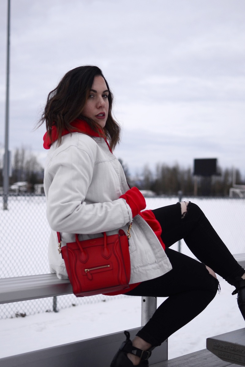 Oversized hoodie sweatshirt outfit idea red Champion hoodie Celine Nano bag vancouver fashion blogger