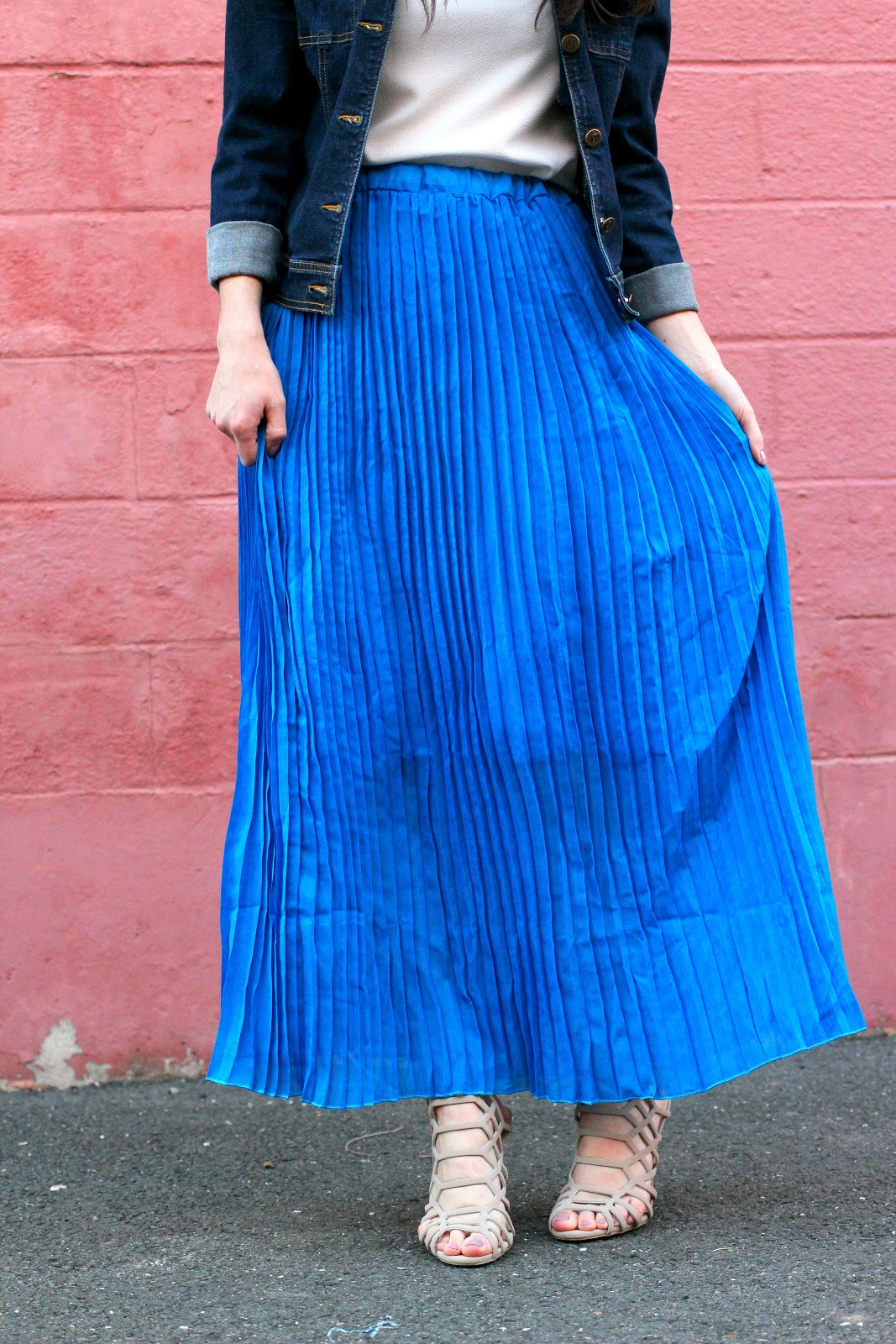 Beautifully Candid Maxi Pleated Skirt and Denim Jacket