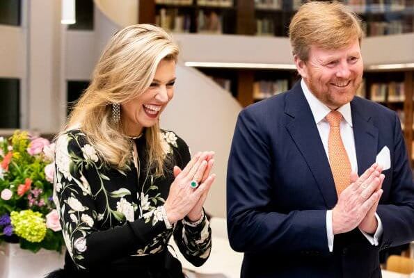 Queen Maxima wore a floral print silk dress by Johanna Ortiz, and she wore Gianvito Rossi sandals, diamond earrings