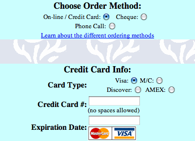 Gordon's Choose Order Method and Credit Card Info tables