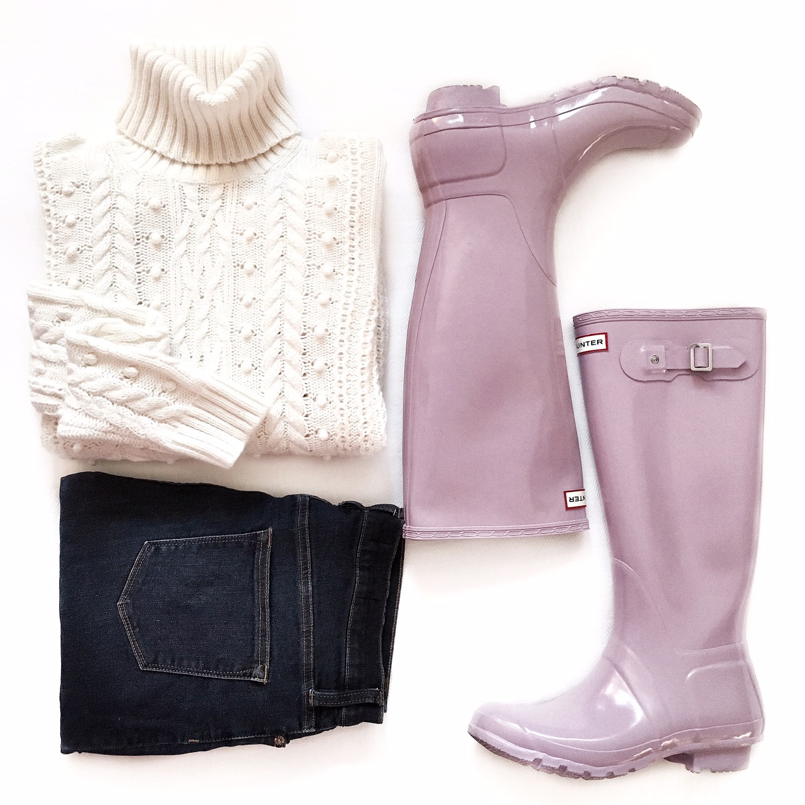 CABLE KNIT TURTLENECK SWEATER | HUNTER BOOTS | SKINNY JEANS
