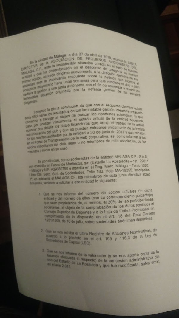 Málaga, comunicado de los pequeños accionistas íntegro Málaga, comunicado de los pequeños accionistas íntegro