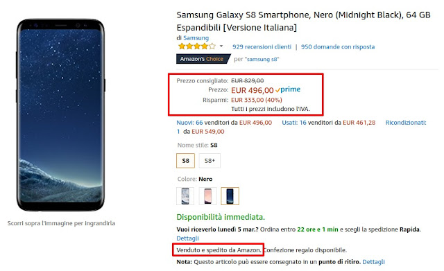 Samsung Galaxy S8 venduto e spedito da Amazon a 496 euro