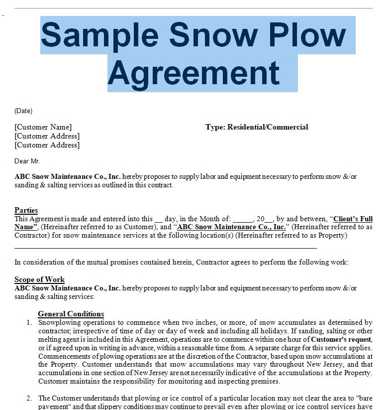 14+ Snow Plowing Contracts Templates Template Invitations Template