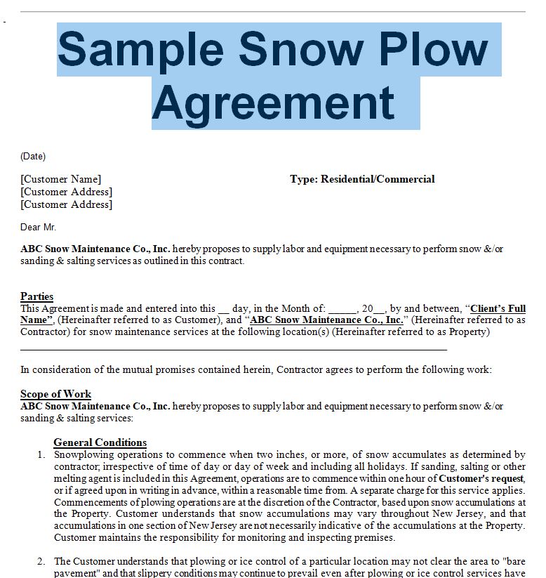 Snow Removal Agreement And Contract Sample Contracts Contract 