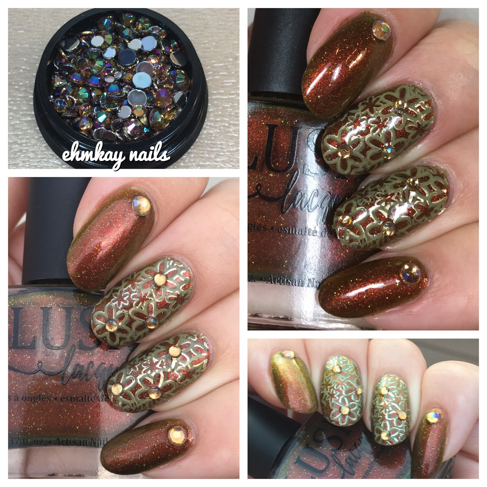 ehmkay nails: Blush Lacquer The Golden Hour with Floral Stamping and Beauty  Big Bang Multichrome Gems