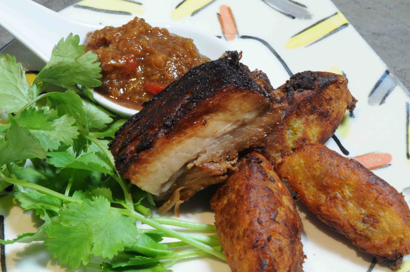 My Recipes Jerked Pork Pork with plantain fritters and chutney