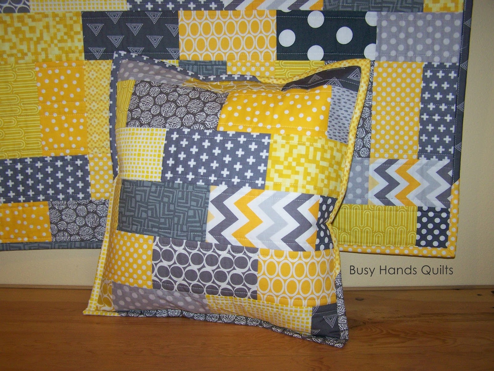 Busy Hands Quilts Custom Yellow and Gray Brick Baby Quilt + Pillow