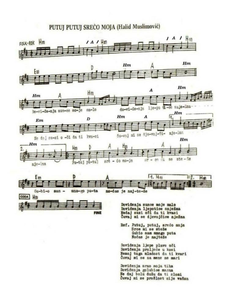 NOTE DOMACE I STRANE PUTUJ PUTUJ SREĆO MOJA AKORDI TEKST