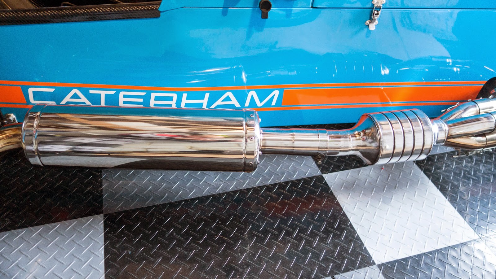 Freshly polished silencer and catalytic converter refitted to my Caterham R500. Freshly polished silencer and catalytic converter refitted to my Caterham R500.