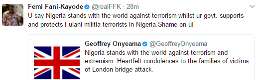 hh Shame on you- FFK calls out Minister of Foreign Affairs, Geoffrey Onyeama, for standing with UK after the recent terror attack